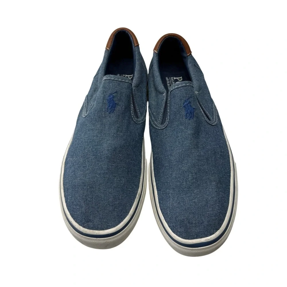 Polo Ralph Lauren Thompson Mens Blue Denim Slip On Sneakers Leather Trim Sample